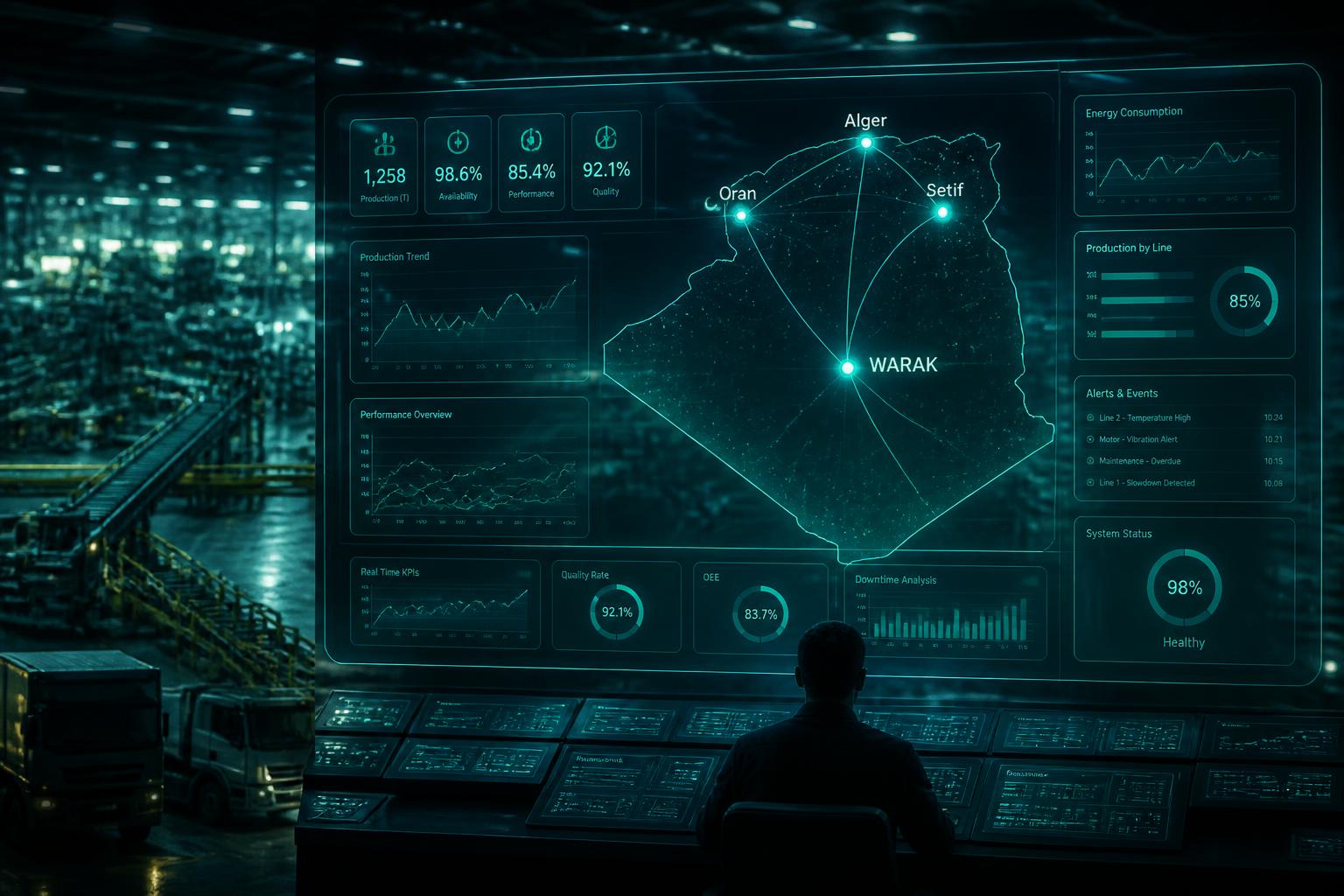 Cockpit WIN Industrial Command Center — vue consolidée des 4 sites FADERCO (Alger, Sétif, Oran, WARAK)